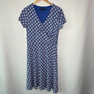 Brooks Brothers Women's Blue White Knee Length Faux Wrap Midi Dress Size Medium